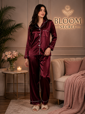 Silk Night Suit For Women - Baggy Trouser - Maroon