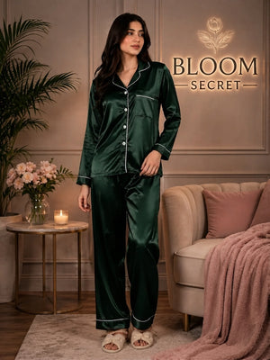 Silk Night Suit For Women - Baggy Trouser - Dark Green