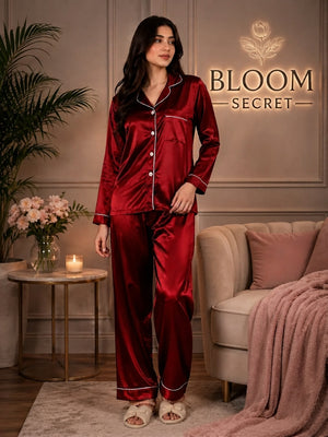 Silk Night Suit For Women - Baggy Trouser - Red