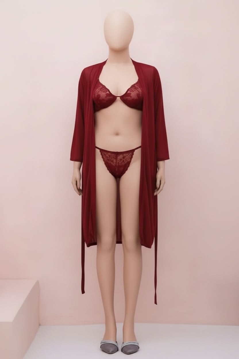 Women's Long Sleeve Scalloped Sheer Lace Nightgown Set Sleepwear Night Robe