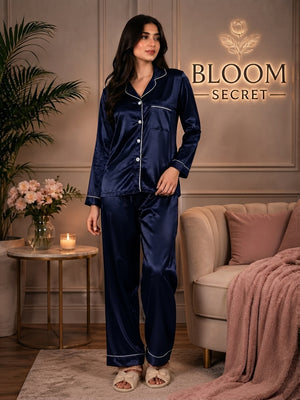 Silk Night Suit For Women - Baggy Trouser - Navy Blue