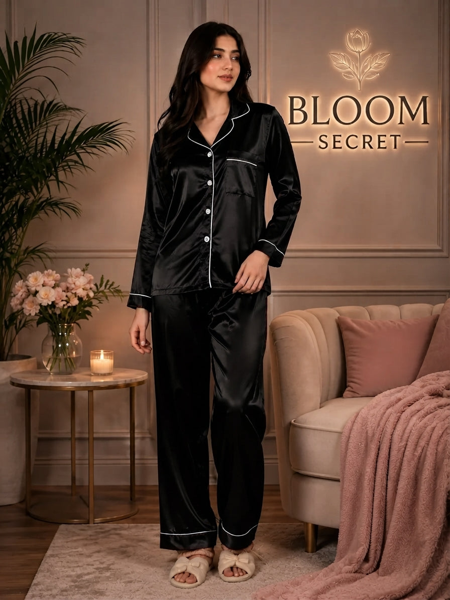 Silk Night Suit For Women - Baggy Trouser - Black