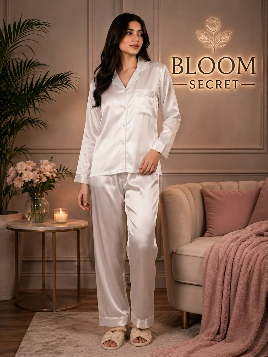 Silk Night Suit For Women - Baggy Trouser - White