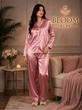 Silk Night Suit For Women - Baggy Trouser - Dark Pink