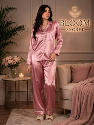 Silk Night Suit For Women - Baggy Trouser - Dark Pink