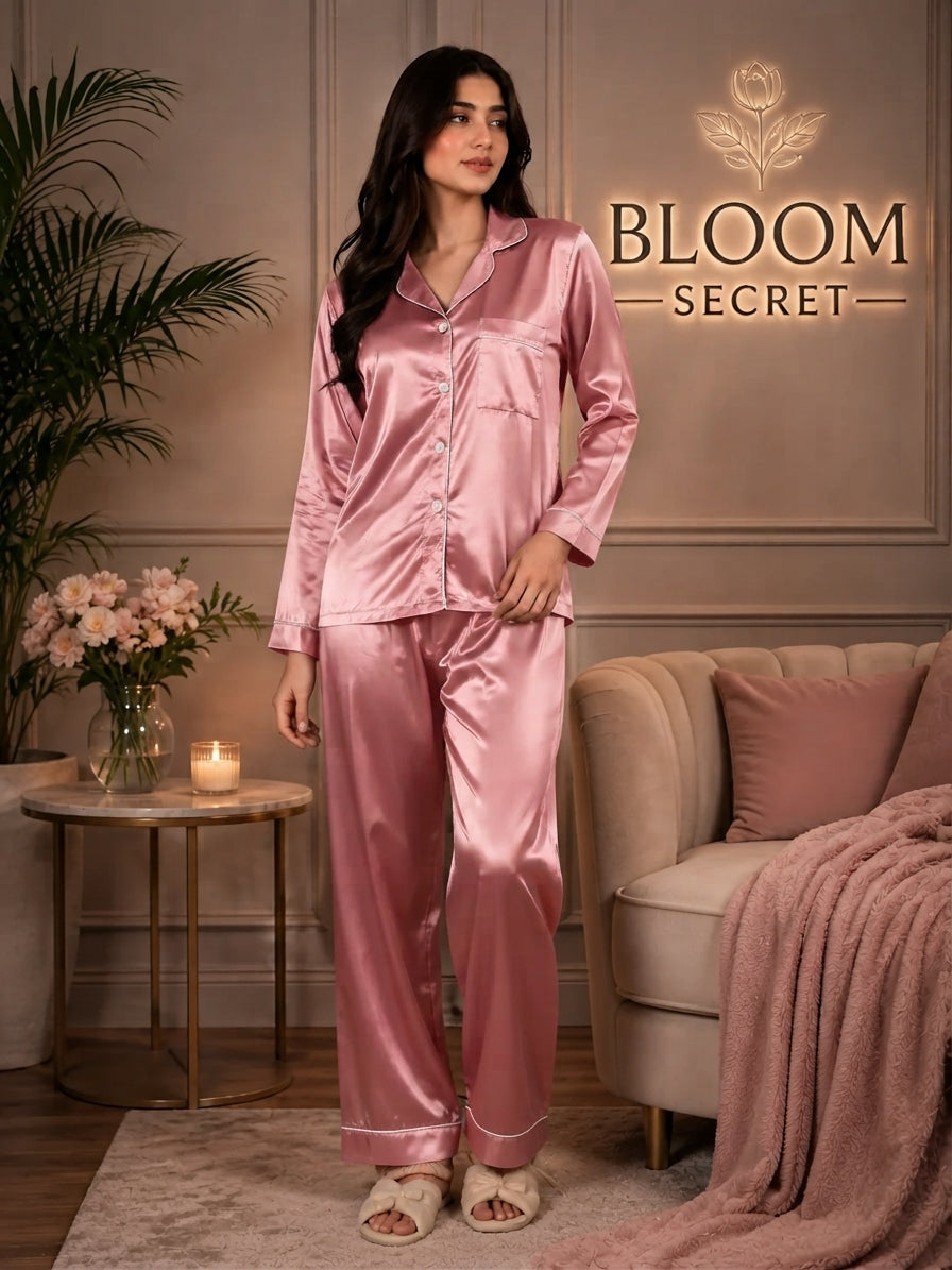 Silk Night Suit For Women - Baggy Trouser - Dark Pink