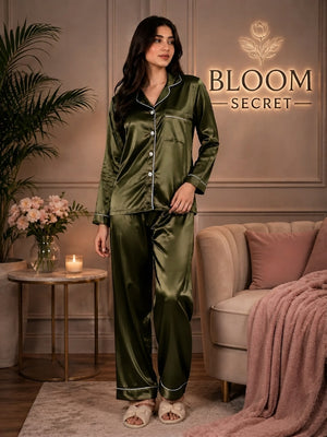 Silk Night Suit For Women - Baggy Trouser - Olive