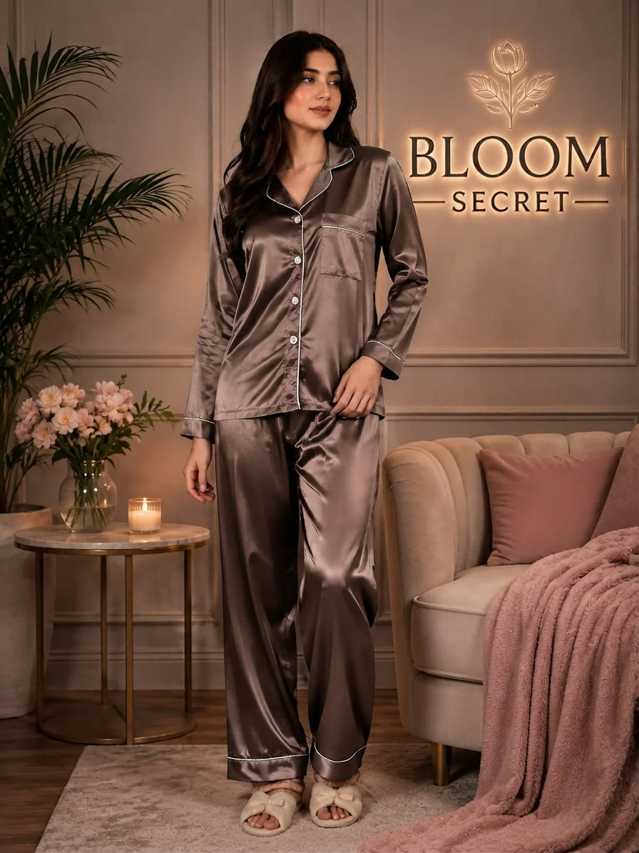 Silk Night Suit For Women - Baggy Trouser - Dusty Brown