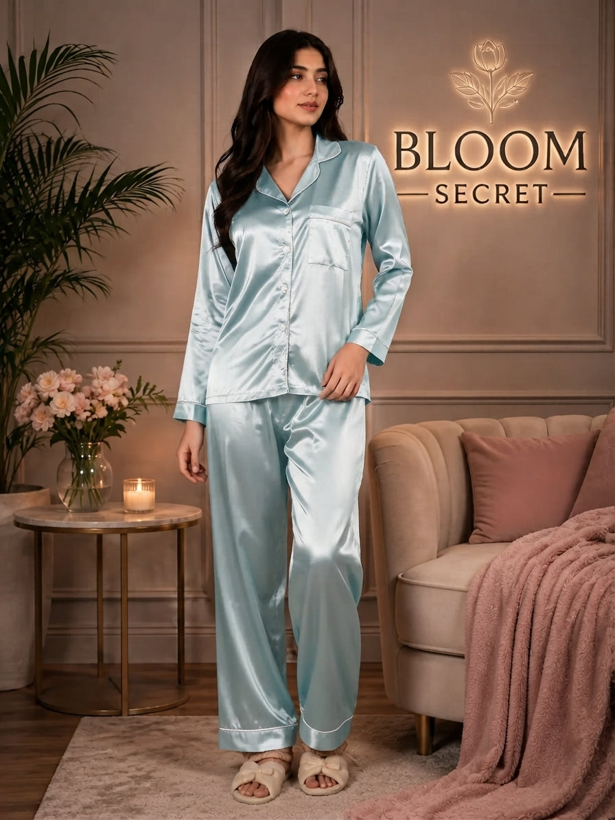 Silk Night Suit For Women - Baggy Trouser - Seafoam