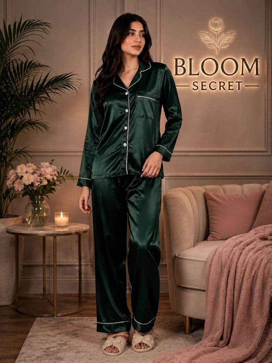 Silk Night Suit For Women - Baggy Trouser - Dark Green