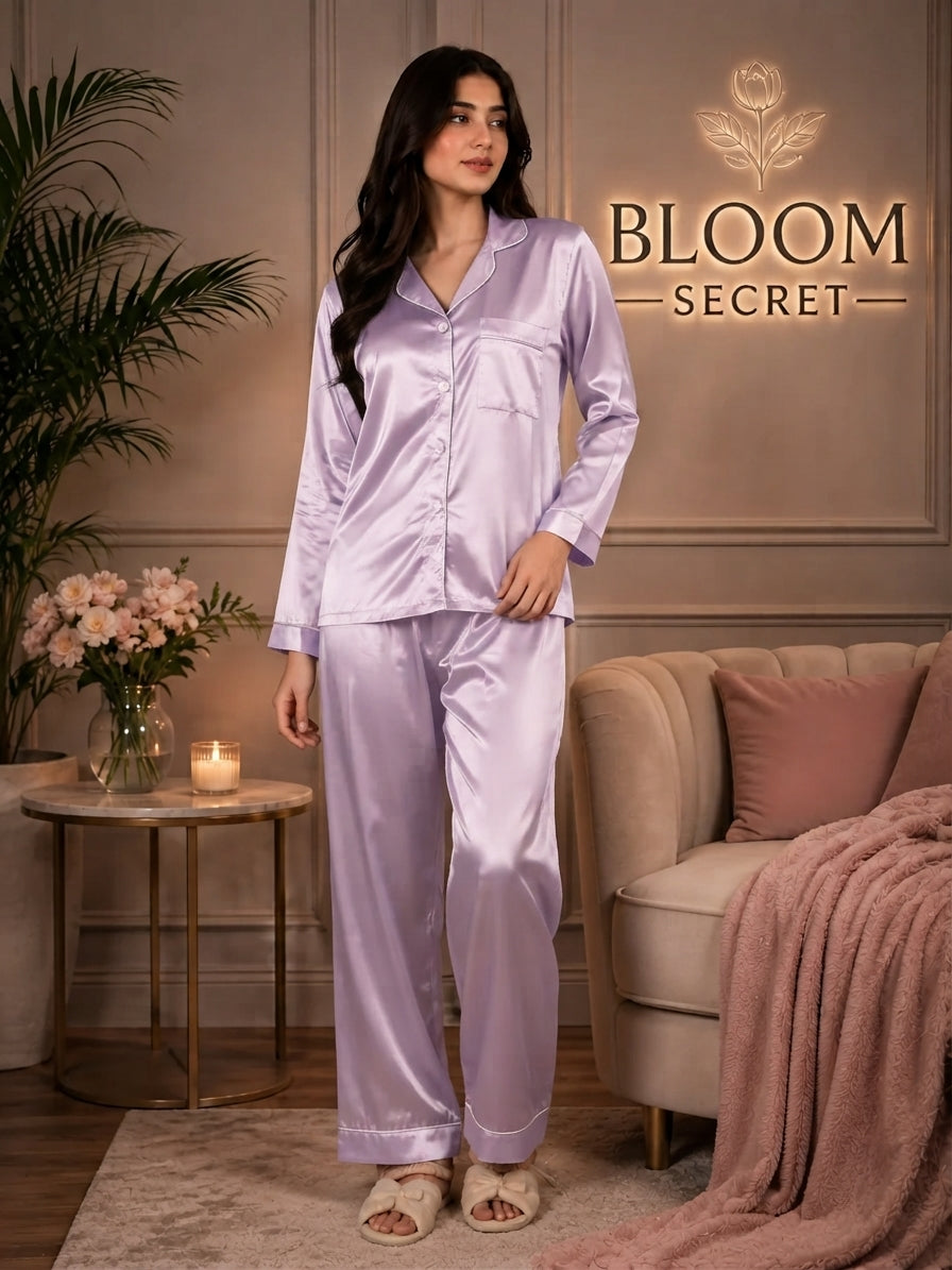 Silk Night Suit For Women - Baggy Trouser - Lilac