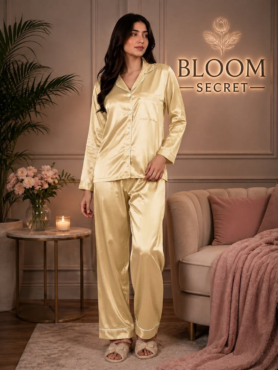 Silk Night Suit For Women - Baggy Trouser - Butter