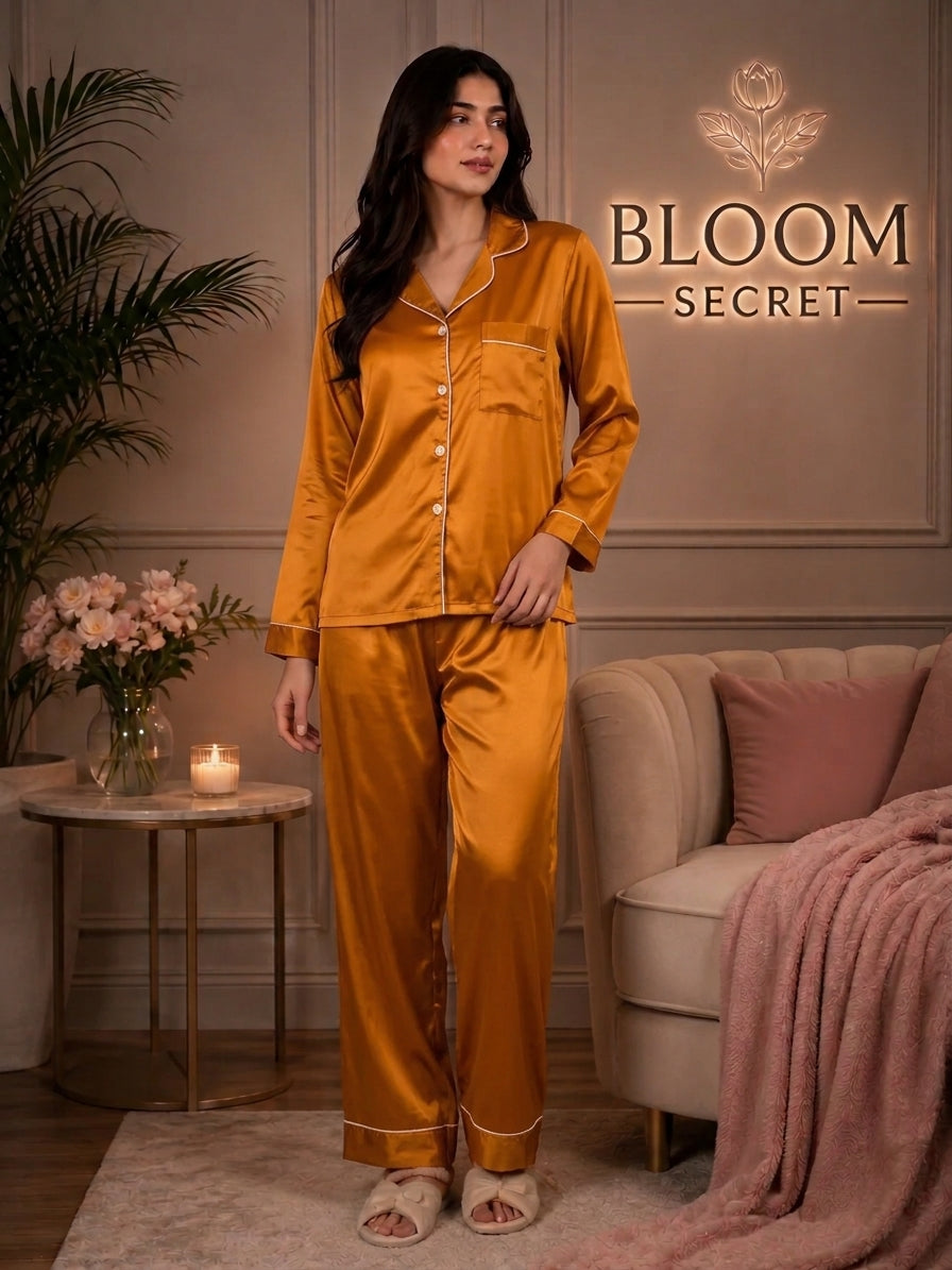 Silk Night Suit For Women - Baggy Trouser - Camel