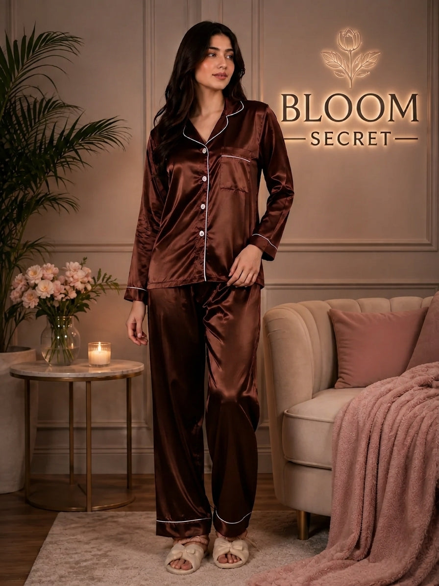 Silk Night Suit For Women - Baggy Trouser - Brown