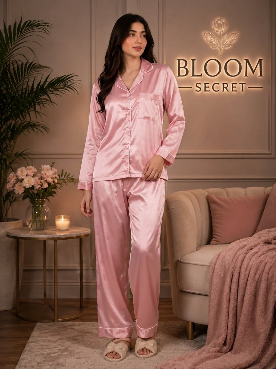 Silk Night Suit For Women - Baggy Trouser - Baby Pink