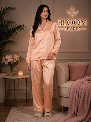 Silk Night Suit For Women - Baggy Trouser - Dusty Rose